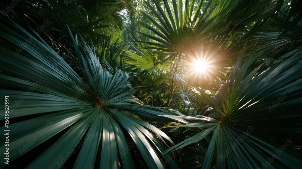 Poster bright rays of sunlight break through lush palm fronds in a tropical setting, creating a serene atmo