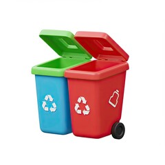 Two recycling bins,one blue with a green lid and the other red lid,stand side by side,each displaying symbols to encourage environmental consciousness.3d-style imitation.