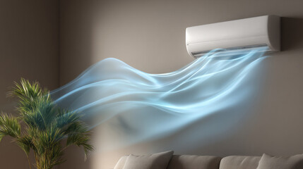 Cool blue air flows smoothly from an air conditioner mounted on the wall in a cozy living room. A leafy plant adds a touch of nature, enhancing the comfortable atmosphere
