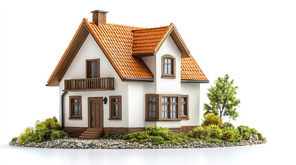charming house model with sloped roof and vibrant orange tiles, surrounded by greenery