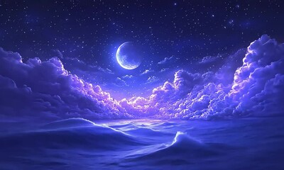 Night sky with a crescent moon and clouds - Powered by Adobe