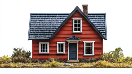 charming red house with sloped roof and white windows, surrounded by greenery
