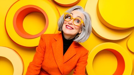 Stylish Senior Woman in Orange Jacket, Yellow Circles Background