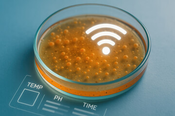 Bioengineering innovation in petri dish with digital interface highlights scientific research and technological advancement in biology and health