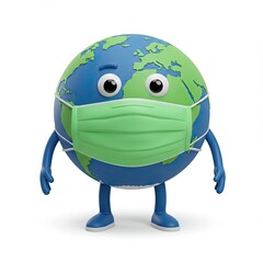 Obraz premium cartoon depiction shows the Earth with big eyes,wearing green surgical mask and seeming concerned about its health,standing on plain white background.3d-style imitation.