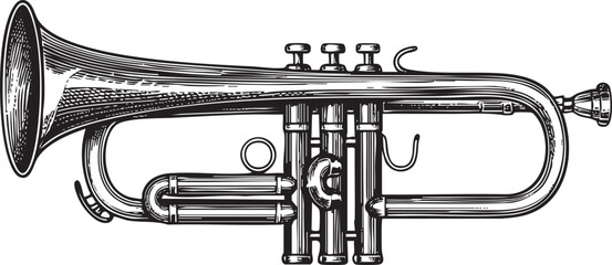 detailed black and white of a gleaming brass trumpet.