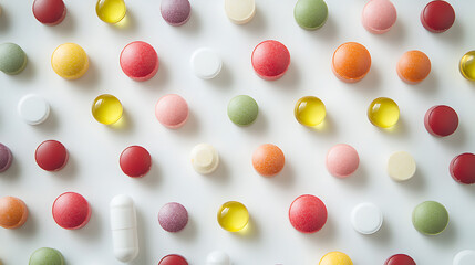 Colorful Assorted Pills and Capsules Arranged on a White Background
