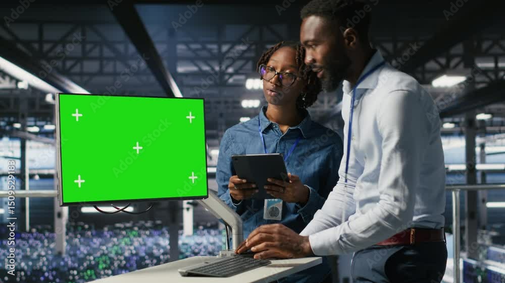 Poster data center engineering team coding on green screen pc, monitoring ai systems. server hub it coworke