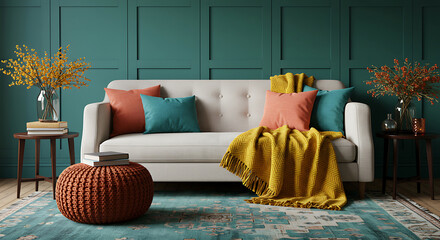 Stylish Sofa in Cozy Living Room Interior Design with Colorful Decor and Teal Panelled Wall