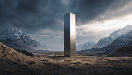 A towering, metallic monolith stands starkly in a desolate, mountainous landscape under a brooding sky
