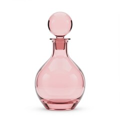 beautifully crafted light rose-colored glass decanter with spherical stopper sits elegantly on stark white surface,exhibiting refinement.3d-style imitation.