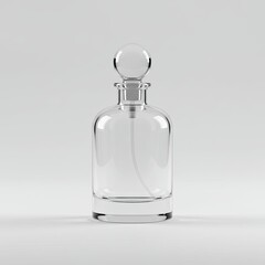 simplistic image features clear glass perfume bottle with spherical stopper,placed on plain white surface minimal shadowing.3d-style imitation.