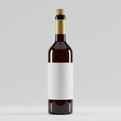 brown glass bottle with gold neck and cork stopper stands on white surface against pale background,awaiting personalized label.3d-style imitation.
