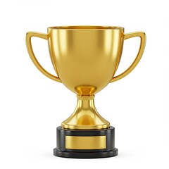 shining gold trophy with smooth handles sits atop black base featuring blank nameplate,presented against an expansive white background.3d-style imitation.