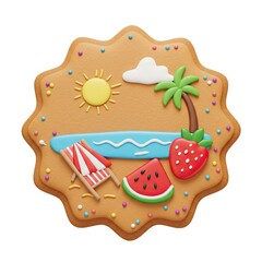 whimsical cookie depicts an idyllic summer scene,complete with beach chair,ocean,fruit,palm tree,and sun.3d-style imitation.