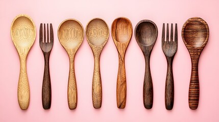 Wooden Utensils on Pink Background