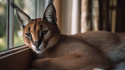 Serval cat by window