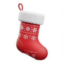 festive red Christmas stocking with white snowflakes and furry cuff is displayed against plain background,ready for holiday surprises.3d-style imitation.