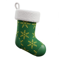 festive green Christmas stocking,decorated with gold snowflakes and fluffy white cuff,awaits to be filled holiday treats.3d-style imitation.