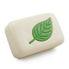rectangular bar of ivory soap imprinted with raised green leaf rests on white surface,suggesting natural ingredients and an eco-friendly product.3d-style imitation.