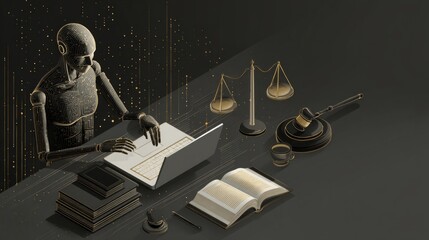 Ai legal assistant analyzing cases in virtual office digital environment conceptual illustration