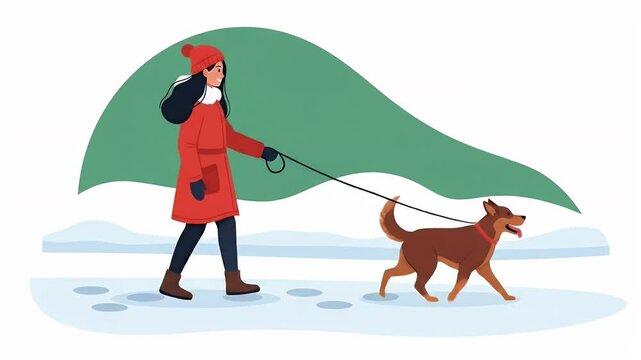 Woman Walking Dog in Winter Landscape Illustration