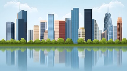 Fototapeta premium Modern City Skyline Reflection Lake Urban Landscape
