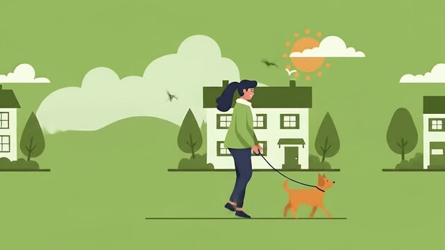 Woman Walking Dog in Suburban Neighborhood Illustration