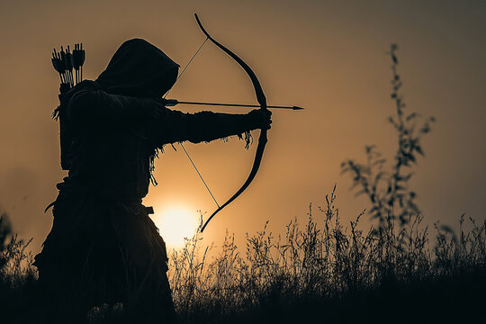 Silhouette of an archer aiming an arrow at an unseen enemy