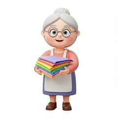 cheerful cartoon grandmother wearing glasses and an apron smiles while holding neatly folded stack of colorful linens.3d-style imitation.