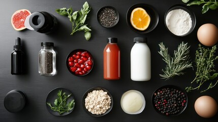 Black surface food & drink ingredients arranged for healthy lifestyle