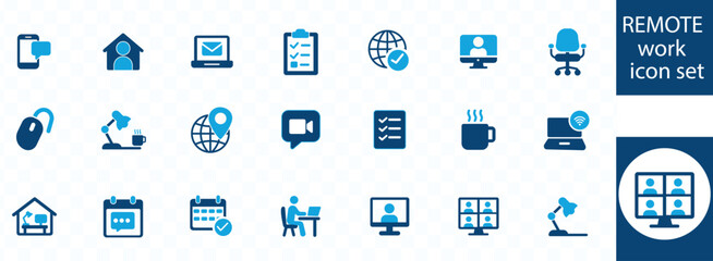remote work icon set . Coronavirus signs, Stay home, work from home, remote job, quarantine at home