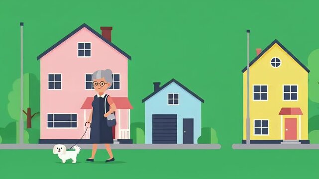 Woman Walking Dog in Residential Area Animation