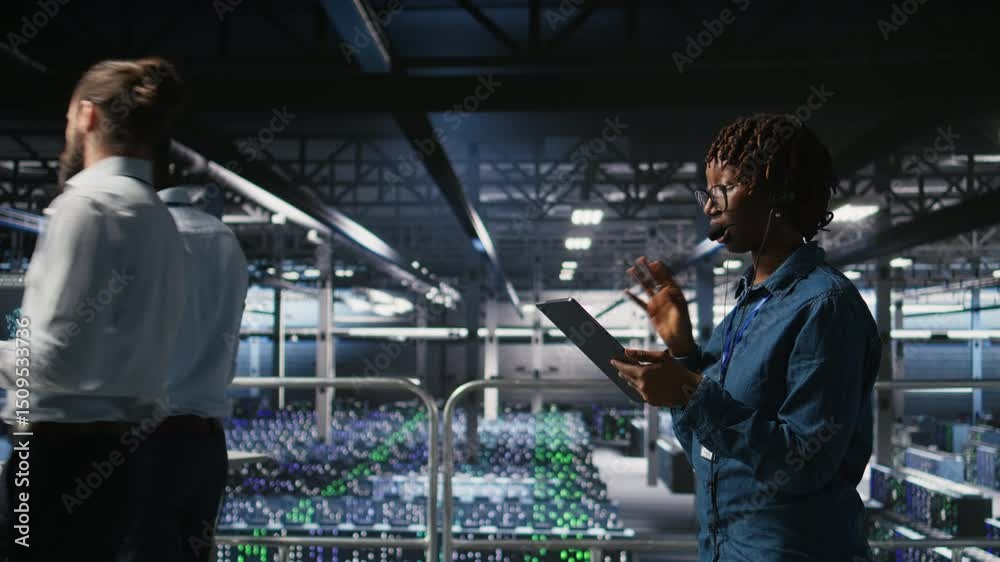 Poster server room admin using tablet and headset microphone to provide infrastructure tech support. data c