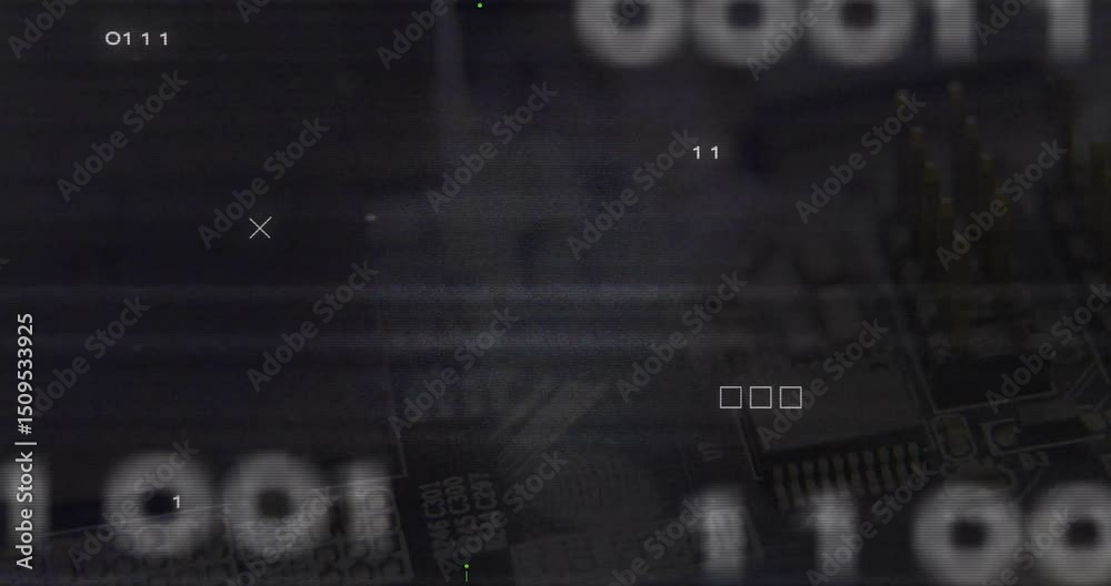 Aufkleber binary digits flickering, green traces extending, nodes pulsing into x visualizing data flow