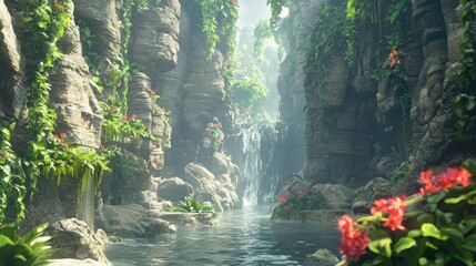 Lush, tropical valley with a cascading waterfall.