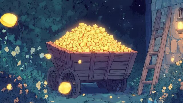 Magical mining cart filled with glowing gems in enchanted forest. Fantasy industry concept. Nighttime scene with luminous crystals and fireflies.