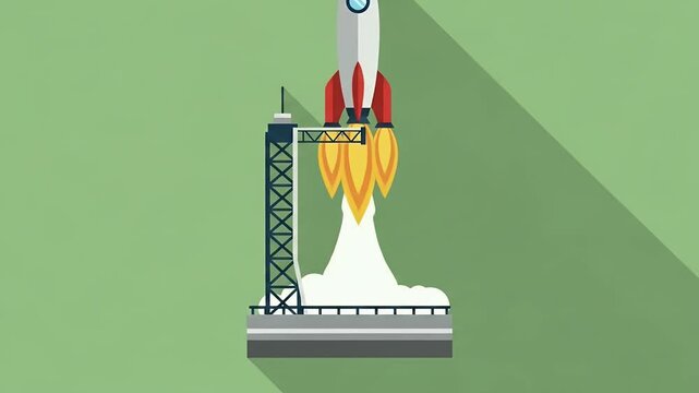 Rocket Launching From Pad with Fire Animation Flat Design