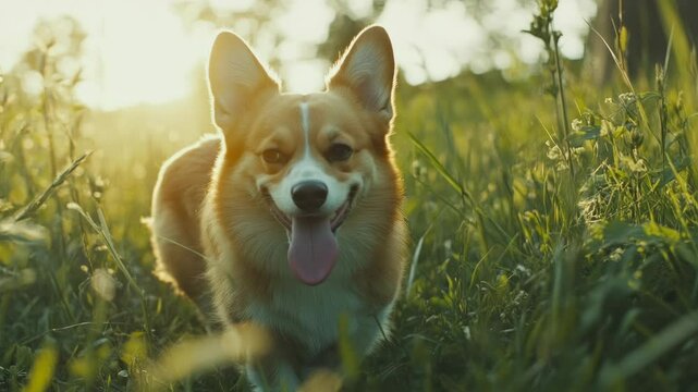 A cheerful corgi in a sunlit meadow, captured from a low-angle, evokes a joyful, carefree vibe, ideal for a nature-themed video. Live desktop wallpaper.