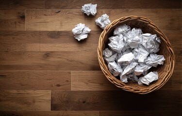 A wicker basket overflows with crumpled white paper on a dark wood floor; several more crumpled papers lie scattered nearby