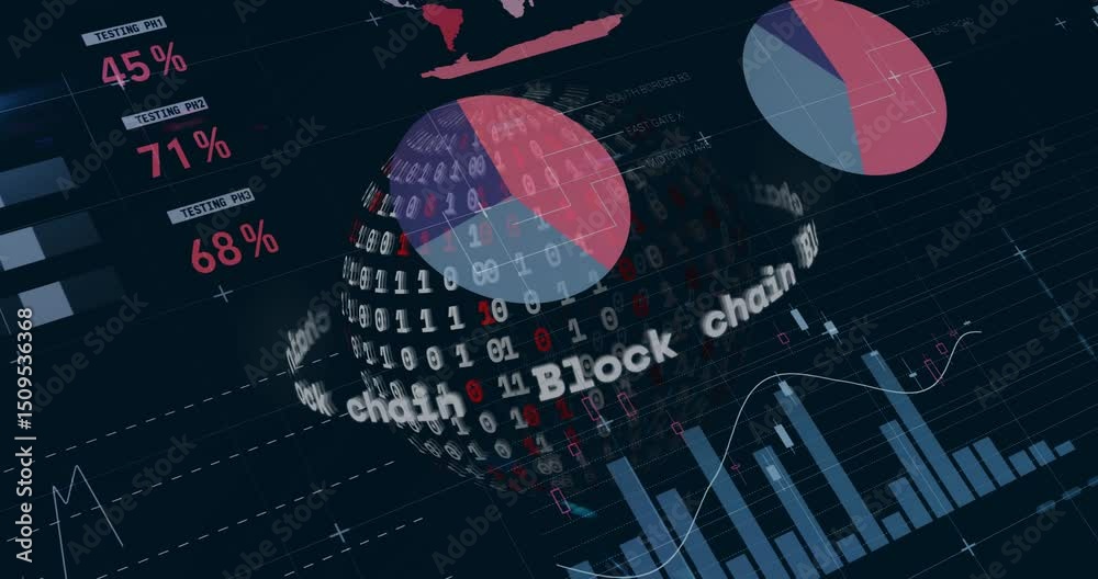 Poster scrolling table starting binary sphere rotating wrapping blockchain text visualizing pie chart bars