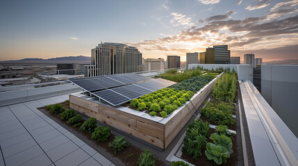 Fototapeta premium Modern green infrastructure with photovoltaic panels and urban farming on city rooftop