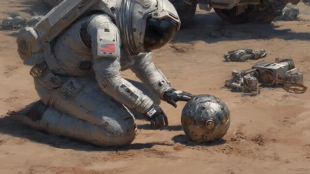 Kneeling astronaut wearing spacesuit with american flag patch inspecting mysterious metallic sphere on dusty martian surface, surrounded by robotic equipment and futuristic vehicles