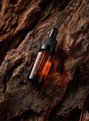 Amber glass dropper bottle rests on dark, textured wood.  The bottle contains a translucent amber liquid