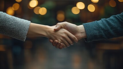 Business handshake in cafe setting. Possible use Stock photo for business, partnership, or agreement concept