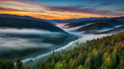 Obraz premium Misty Mountain Valley at Sunrise