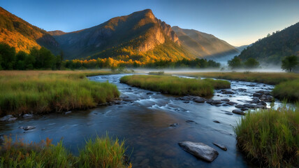 Obraz premium Serene Mountain Stream at Sunrise