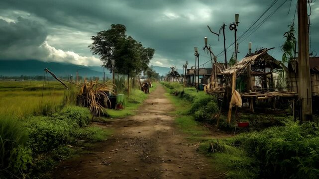 Rural dirt road through a village lined with shacks under dramatic cloudscape in a field landscape, conveying a sense of poverty