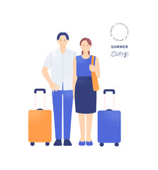 キャリーケースと若い男女 夏休みを楽しむカップルのベクターイラスト素材