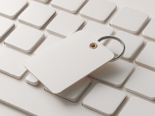 Blank white rectangular tag with keyring rests atop a white keyboard; clean, minimalist design